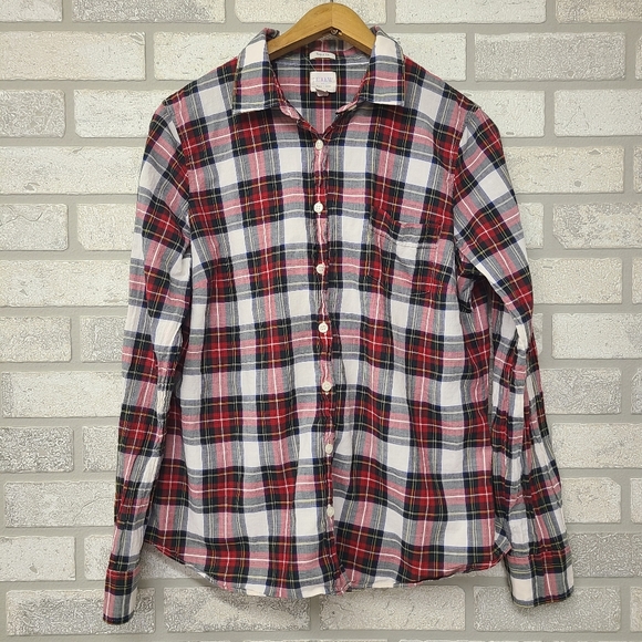 J. Crew Factory Perfect Fit Plaid Button Down Shirt Size Large Red White - Picture 1 of 5